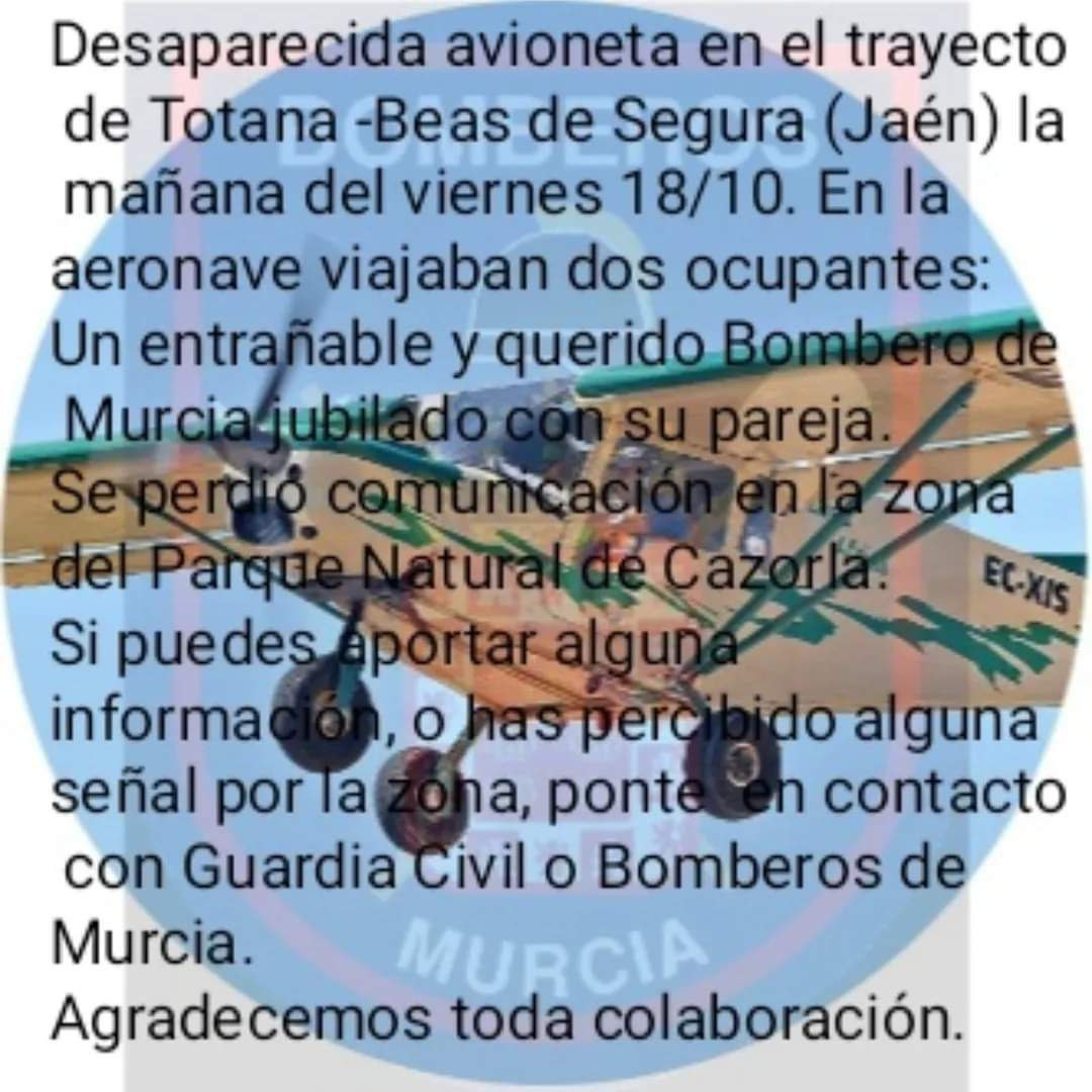 Asrm112Murcia's tweet photo. ALERTA!!!
Un compañero de @BomberosMurcia ha desaparecido sobrevolando la Sierra de Cazorla en avioneta. La zona a buscar es demasiado grande, así que solicitamos colaboración de montañeros y difusión por rrss para ayudar a localizarlo.
Por favor, comparte para darlo a conocer. https://t.co/mgynOJ29G9