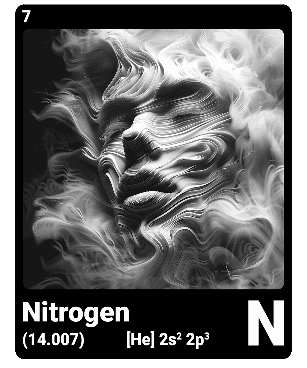 br_AI_king's tweet photo. This is what it looks like when AI gives the chemical element #nitrogen a face - find all #ChemicalElement in the bio #ScienceArt https://t.co/kPEiW2Tgod