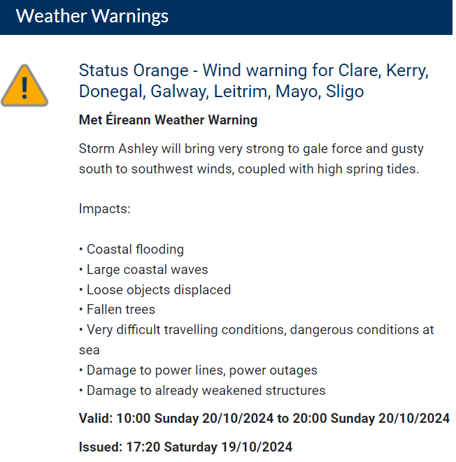 MetEireann's tweet photo. UPDATE : 
#StormAshley : Orange warning validity time has changed, the warning now comes into effect at 10am Sunday 20/10/2024

For all warnings ➡️https://t.co/w5QtJ1UyEP https://t.co/UFdS5pccDF