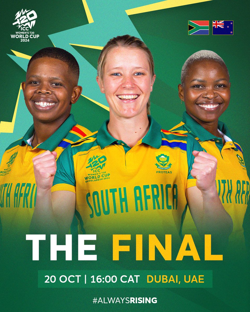 Today’s the day, South Africa! 🏏🌍🇿🇦🏆

The Proteas Women are ready to leave it all on the field, as they march into the #T20WorldCup FINAL against New Zealand! 

Let’s soar to victory together and bring it home! 🏆🏏🇿🇦

#AlwaysRising #BePartOfIt #WozaNawe