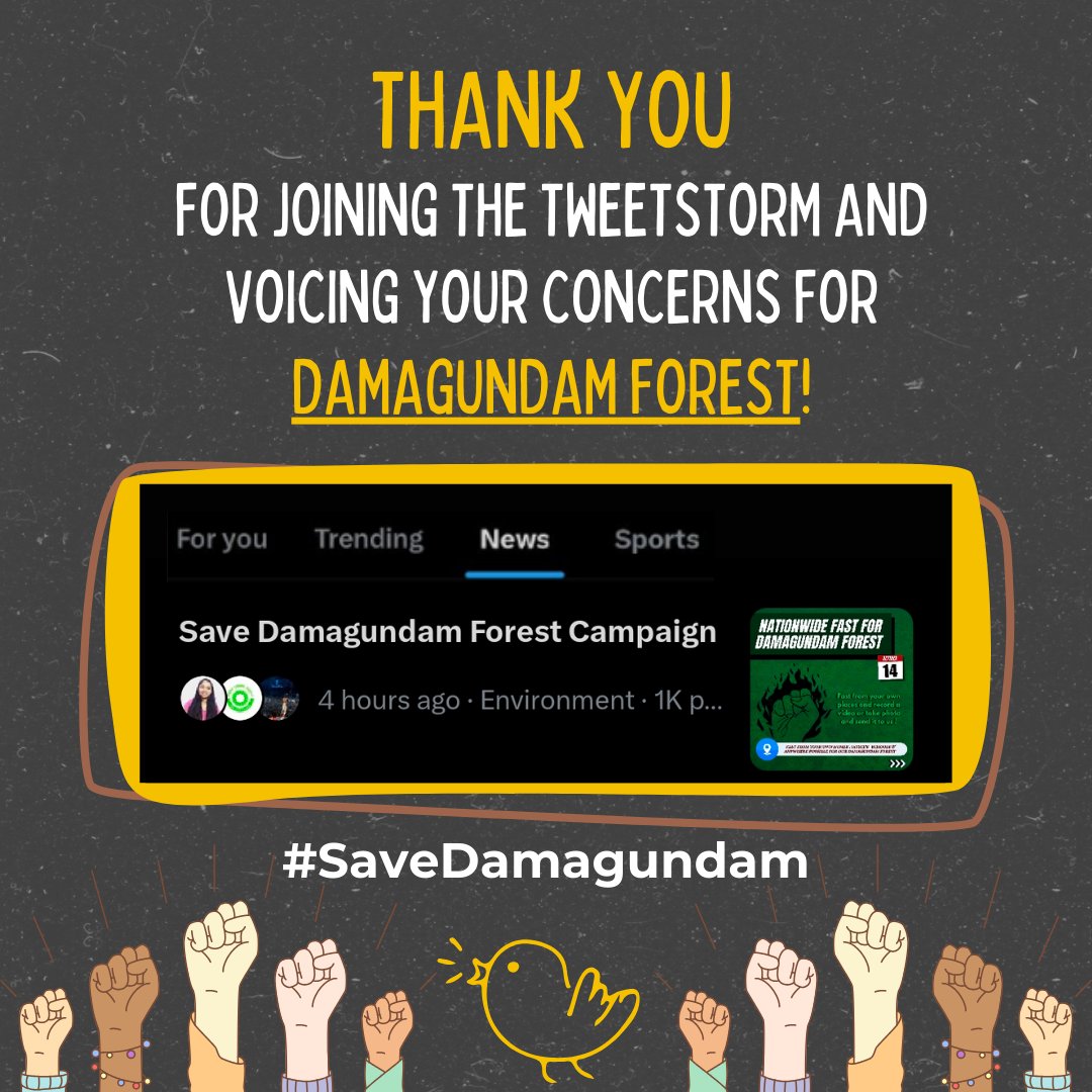 ThereIsNoEarthB's tweet photo. 🙌 A huge thank you for your incredible participation in the #SaveDamagundam Twitterstorm! 

Together, we reached 7 lakh people, amplifying the urgent call to protect the Damagundam forest. 

(1/2) https://t.co/jwFBtKBAIN