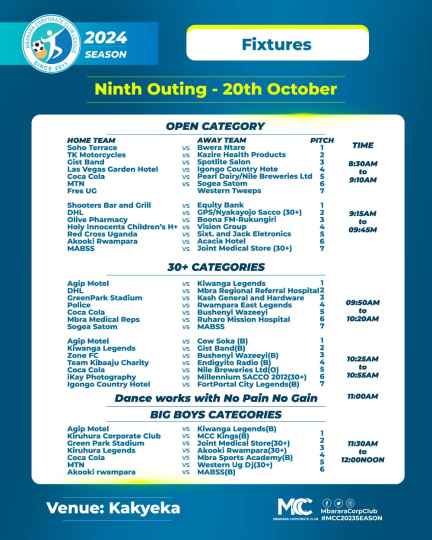 WZahaa's tweet image. Itwe Twaza Kakyeka for the 9th Outing of the Mbarara Corporate Club League ✌.

Below are the fixtures of the day...

#NBLMCCSeason24