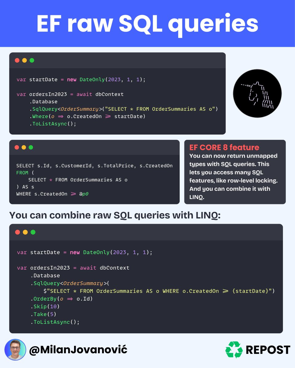 mjovanovictech's tweet photo. 𝗥𝗮𝘄 𝗦𝗤𝗟 𝗾𝘂𝗲𝗶𝗿𝗲𝘀 𝘄𝗶𝘁𝗵 𝗘𝗙 𝗖𝗼𝗿𝗲

EF 8 added support for raw SQL queries for unmapped types.

Why is this big news?

Until now, you could only return entity types with raw SQL queries.

You don't have to worry about SQL injection attacks.

This doesn't use interpolated string. Instead, it's a special type called FormattableString.

It can capture the interpolated values and convert them to SQL parameters.

You can also execute raw SQL queries and return results from:

- Stored procedures
- Functions
- Views

This feature also supports composing raw SQL queries with LINQ. You can write the SELECT statement in SQL and then chain the other things you need as LINQ methods.

Here's an in-depth explanation of this EF Core feature: https://t.co/QTomkCDUwv

What do you think about the raw SQL queries feature?

---
Do you want to simplify your development process? Grab my free Clean Architecture template here: https://t.co/s4zKdVpaaP