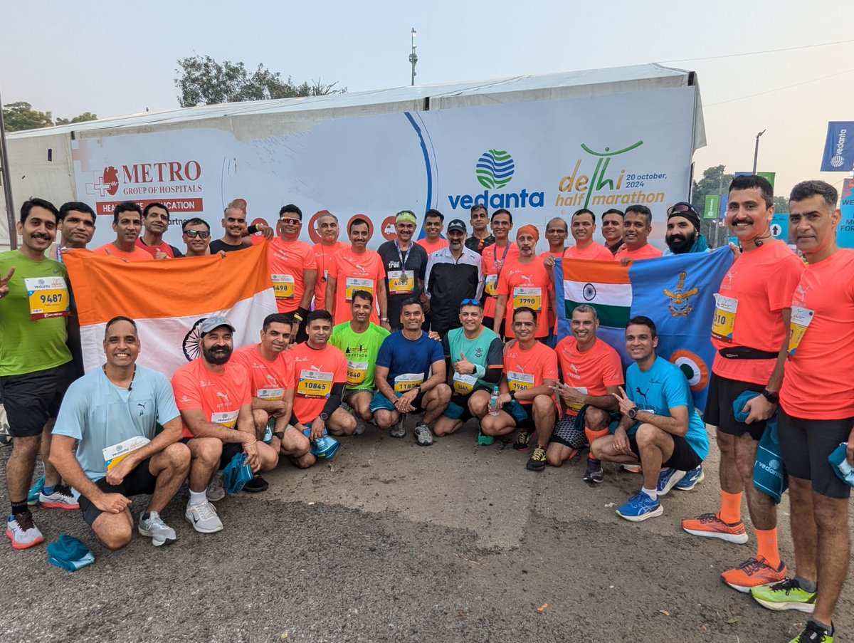 IAF_MCC's tweet photo. This morning, Air warriors  from the #IAF participated in the Vedanta Delhi Half Marathon, demonstrating endurance and teamwork. The Chief of the Air Staff, Air Chief Marshal AP Singh, also participated in the event, underscoring the importance and value of physical fitness in the IAF.

#TeamIAF
#VedantaDHM24 #RunForZeroHunger
#Endurance
#Teamwork
@CareerinIAF