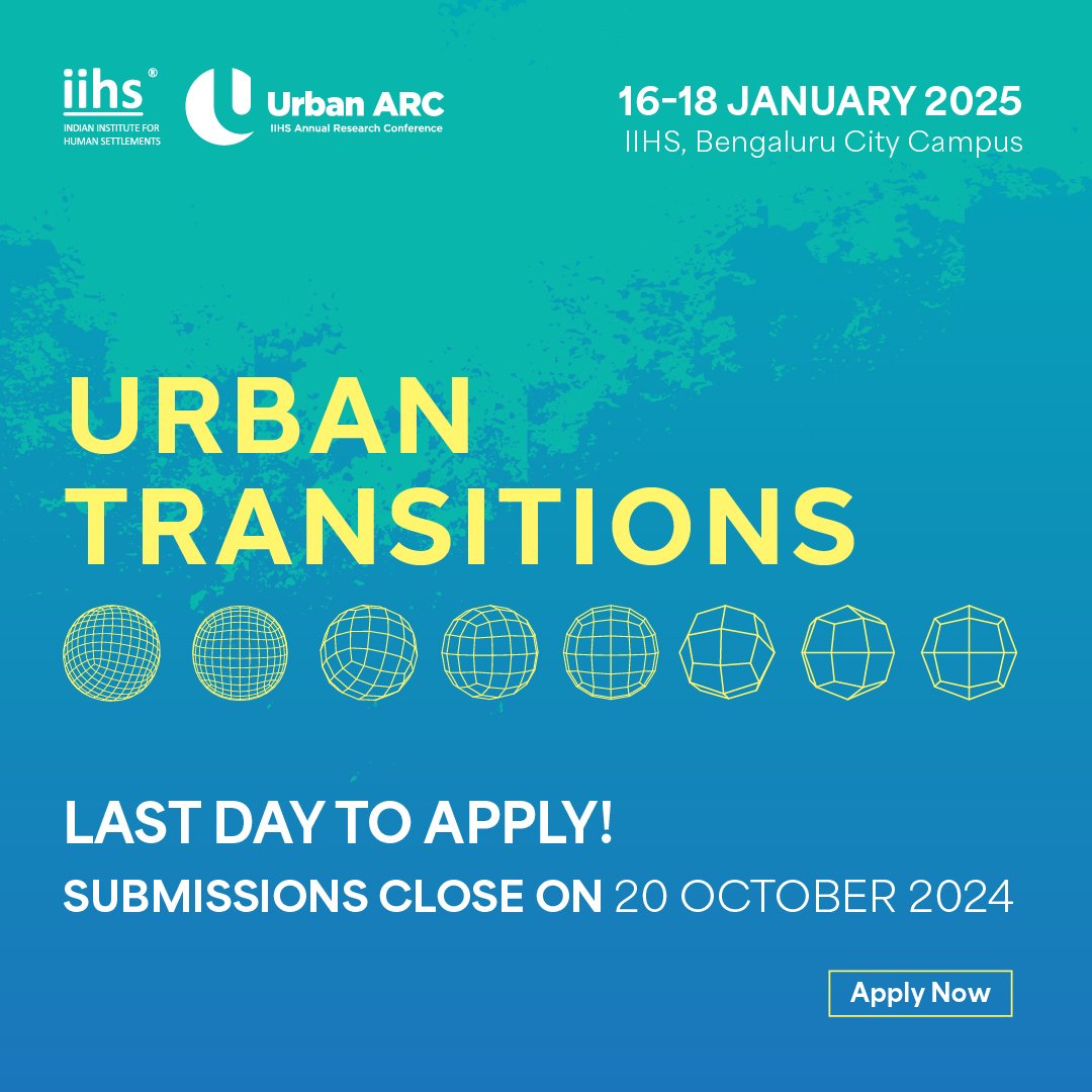 🚨 Today is the last day to apply to IIHS Urban ARC 2025. 

Urban ARC 2025 invites paper and panel submissions that explore urban transitions from various perspectives, sectors, methodologies, and disciplines. We invite work that looks at both contemporary and historical ways of