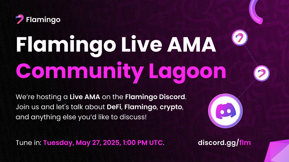 FlamingoFinance's tweet photo. 🎤 Join our Live AMA at the Community Lagoon on the Flamingo Discord and let's have a chat about DeFi, Flamingo, crypto, or anything else!

🗓️ Tuesday, May 27, 2025, 1:00 PM UTC.

📌 Community Lagoon: https://t.co/XEwVqUjMTx

$FLM $NEO https://t.co/IWD2nsJZbL