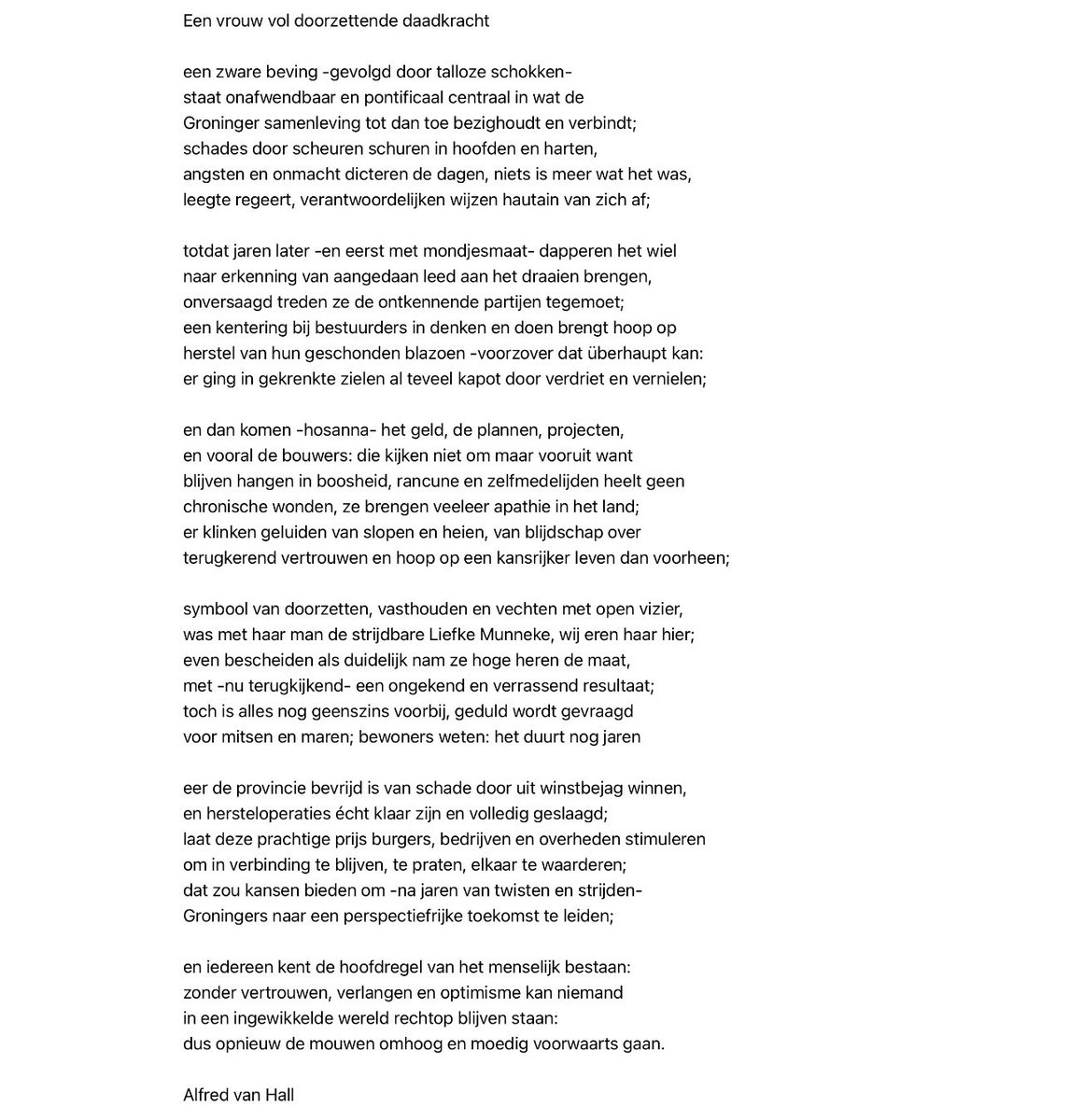 Voor de zondagslezer. Dit gedicht las ik voor bij de uitreiking van de Liefke Munneke-prijs in Appingedam.