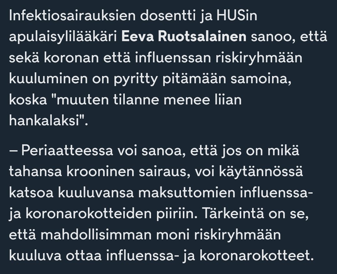 neitivaahtera's tweet photo. Riskiryhmät suuntaa antavat. Ruotsalainen kannustaa kroonisesti sairaita hakemaan rokotteensa:
"Periaatteessa voi sanoa, että jos on mikä tahansa krooninen sairaus, voi käytännössä katsoa kuuluvansa maksuttomien influenssa- ja koronarokotteiden piiriin."
https://t.co/APFs1W34HB https://t.co/BEILNYq3PM
