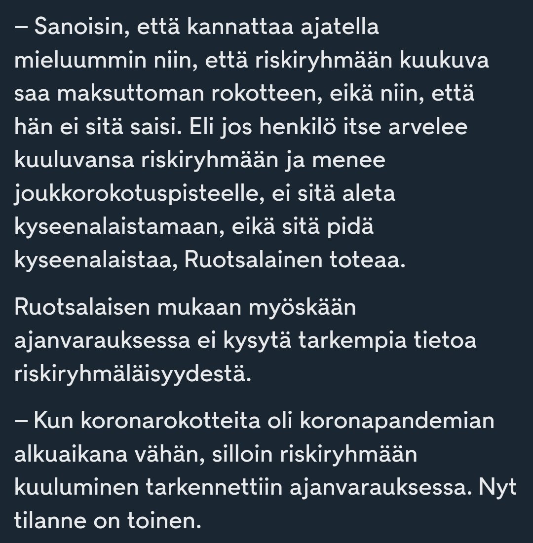 neitivaahtera's tweet photo. Riskiryhmät suuntaa antavat. Ruotsalainen kannustaa kroonisesti sairaita hakemaan rokotteensa:
"Periaatteessa voi sanoa, että jos on mikä tahansa krooninen sairaus, voi käytännössä katsoa kuuluvansa maksuttomien influenssa- ja koronarokotteiden piiriin."
https://t.co/APFs1W34HB https://t.co/BEILNYq3PM