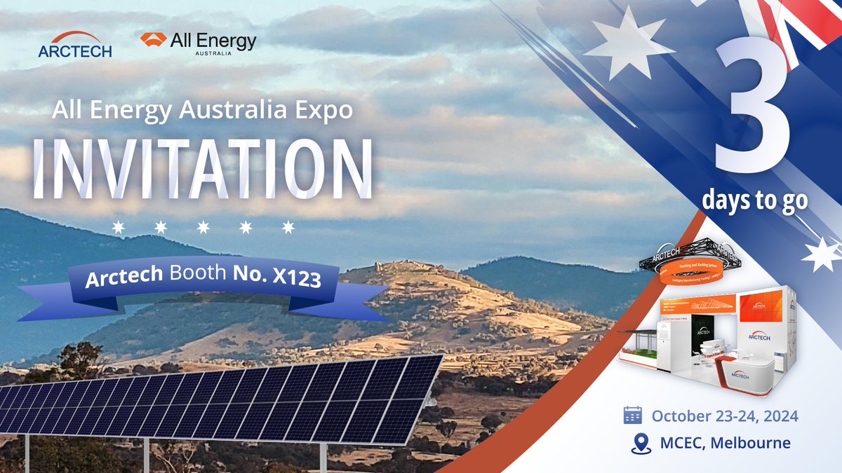 ArctechSolar's tweet image. #ArctechExhibition The countdown to @AllEnergyAU 2024 has begun, with only 3 days remaining until the grand opening.
From 23rd to 24th October, the #ArctechAustralia team will showcase Arctech&apos;s #solartracking systems and #energystorage (#BESS) solutions at booth X123.
See you!