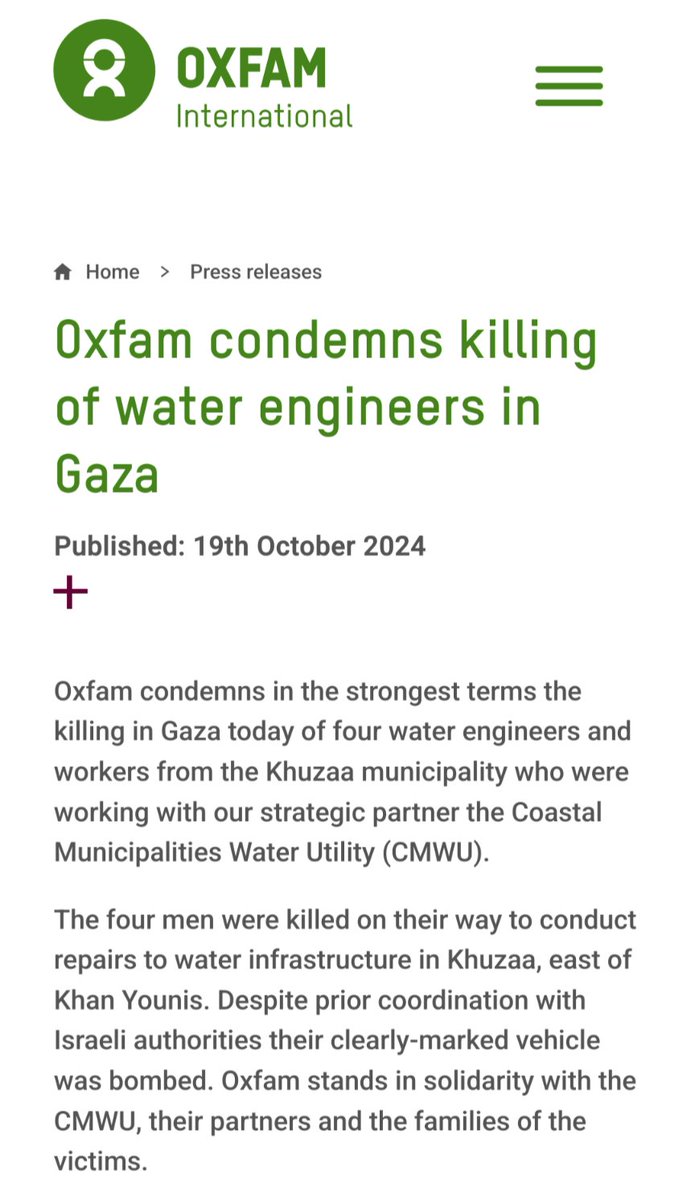 The weaponisation of #water in Gaza is not limited to the destruction of infrastructure, but involves the killing of those who repair, making it impossible for people to access water &amp; sanitation in Gaza. This depravity is being encouraged &amp; bankrolled!
oxfam.org/en/press-relea…