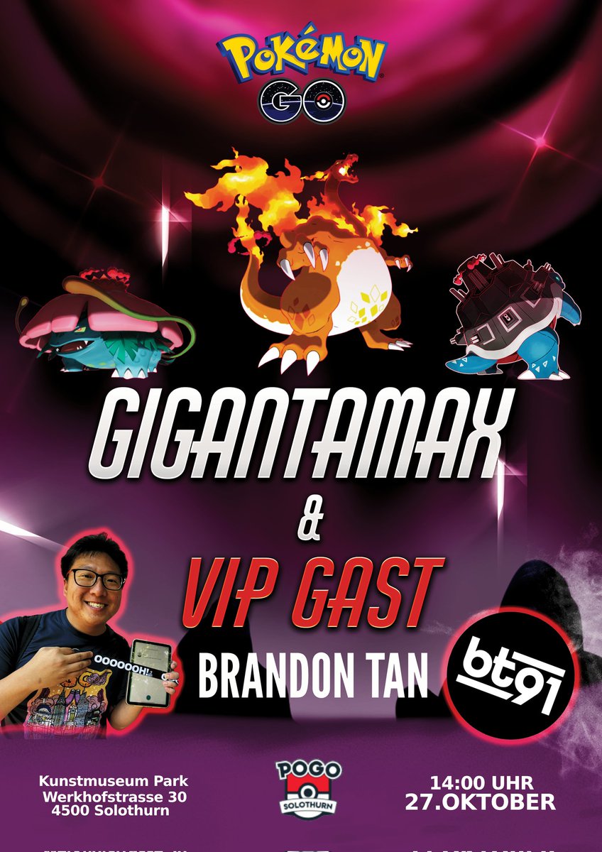 Wir stellen uns der Gigadynamax Herausforderung - gemeinsam mit dem Pokémon Giganten Brandon Tan!

Sonntag, 27. Oktober - 14.00 Uhr
Park vor dem Kunstmuseum Solothurn

Campfire Link: cmpf.re/c1Dp8A

#PokemonGO #Ambassador #BrandonTan91 #Gigantamax