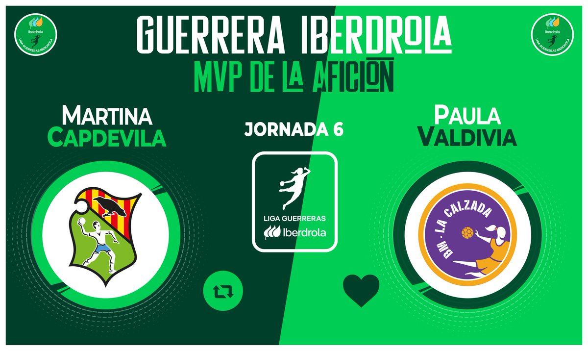 Liga Guerreras Iberdrola (@iberdroladhf) on Twitter photo ⭐ ¡Vota para elegir a la #GuerreraIberdrola de la Jornada 6⃣ en la #LigaGuerrerasIberdrola!
🆚 <a href="/BMGranollers/">BM Granollers</a> : <a href="/CBLaCalzada/">Club Balonmano MotiveMarket.com La Calzada</a>
♻️ RT: <a href="/Martinacb8/">Martina Capdevila Barbany</a>
❤️ Me gusta: <a href="/PaulaValdivia15/">𝘗𝘢𝘶𝘭𝘢 𝘝𝘢𝘭𝘥𝘪𝘷𝘪𝘢</a>
#⃣ #SheLovesHandball ⭐ ¡Vota para elegir a la #GuerreraIberdrola de la Jornada 6⃣ en la #LigaGuerrerasIberdrola!
🆚 <a href="/BMGranollers/">BM Granollers</a> : <a href="/CBLaCalzada/">Club Balonmano MotiveMarket.com La Calzada</a>
♻️ RT: <a href="/Martinacb8/">Martina Capdevila Barbany</a>
❤️ Me gusta: <a href="/PaulaValdivia15/">𝘗𝘢𝘶𝘭𝘢 𝘝𝘢𝘭𝘥𝘪𝘷𝘪𝘢</a>
#⃣ #SheLovesHandball