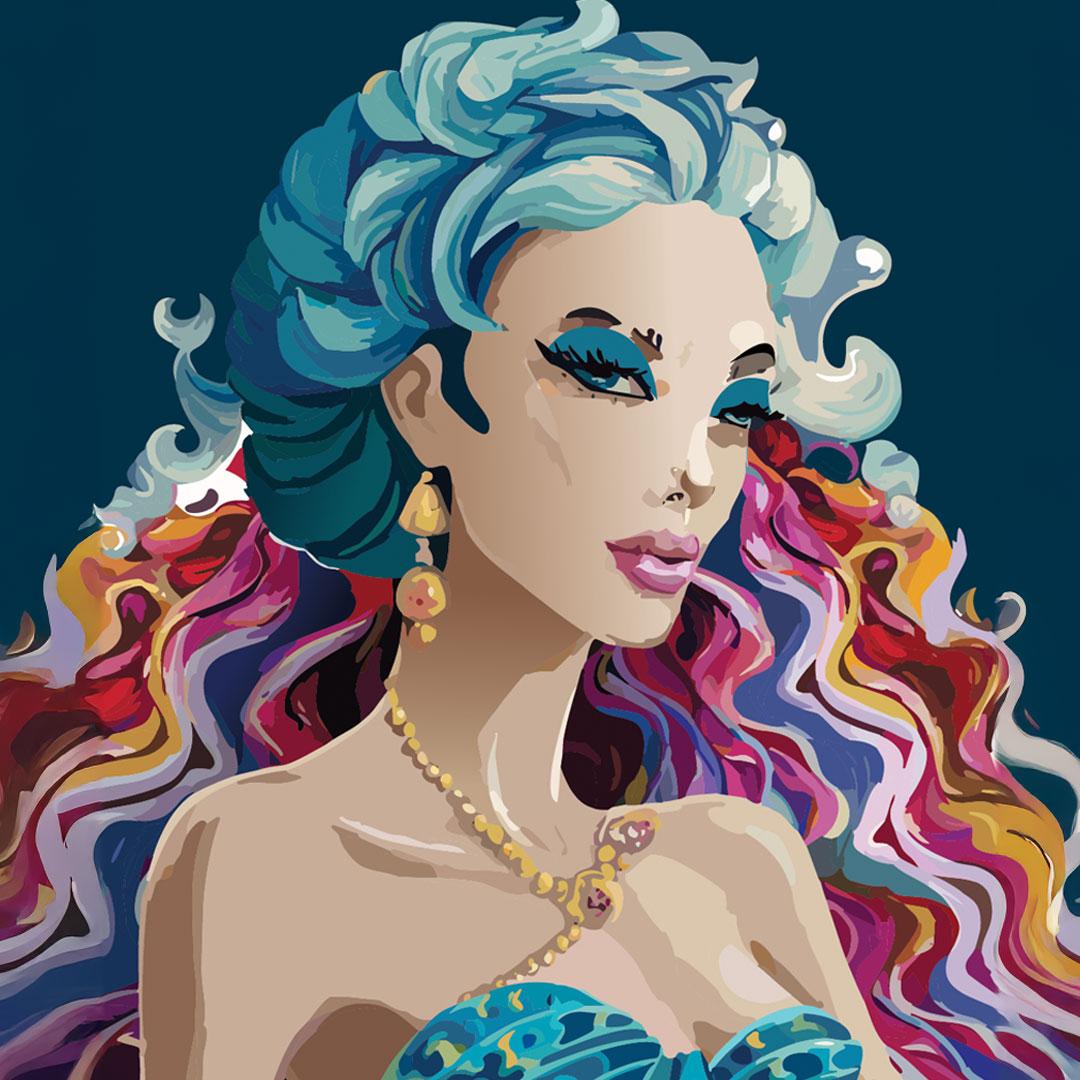 pranabesh's tweet photo. Lady of the sea, is a digital art inspired from the sea colour and the vivid colour and transition of the sky in an entire day/night cycle. @vitruveochain https://t.co/gYAP5ZLpOL