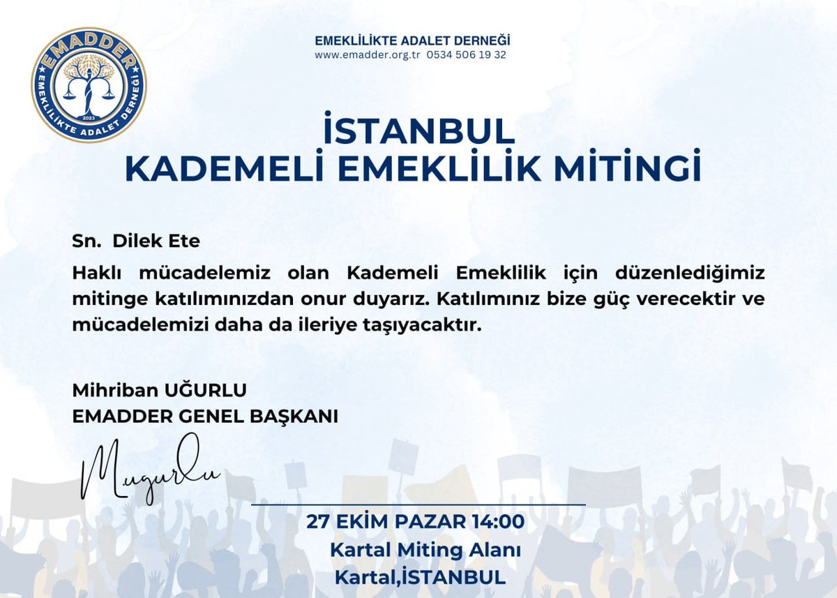 Sayın Dilek Ete

<a href="/dileketesgk/">Dilek ETE</a> 

🗣️ EYT yasası sonrası akranından 17-20 yıl geç emeklilik adaletsizliğini yaşayanlar 

📌27 Ekim Pazar 14:00’de İstanbul Kartal Miting Alanında toplanacak

Yaşanan bu adaletsizliği haykıracağımız mitingimizde sizi de aramızda görmekten şeref