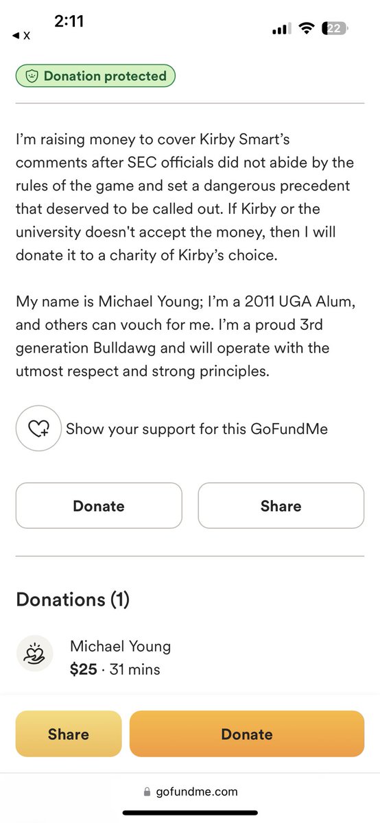 Georgia fan <a href="/mmyoung9/">Mike Young</a> has started a GoFundMe for Kirby Smart in anticipation of the SEC levying a fine against the Georgia head coach for his comments on the officiating in UGA’s 30-15 win at Texas.

It Just Means More, etc…

gofundme.com/f/donate-to-ki…