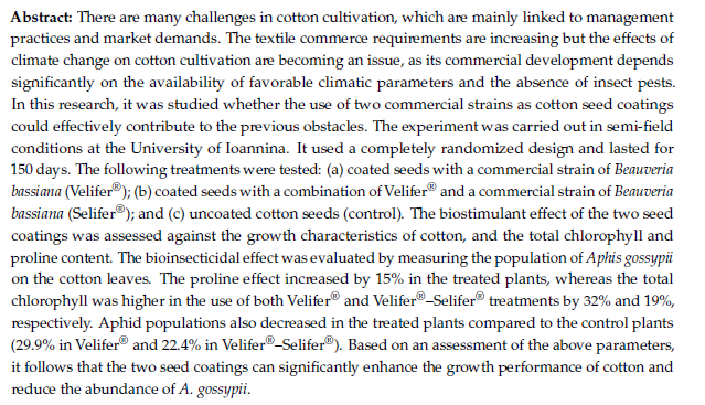 AusCottonSci's tweet photo. Use of Beauveria bassiana &amp; Bacillus amyloliquefaciens strains as cotton Seed coatings: Evaluation of the Bioinsecticidal &amp; Biostimulant Effects
https://t.co/eqxxDIHdiy
Combined application of the 2 was not as successful as the single inoculation treatment with B. bassiana https://t.co/PZf3eJml3r