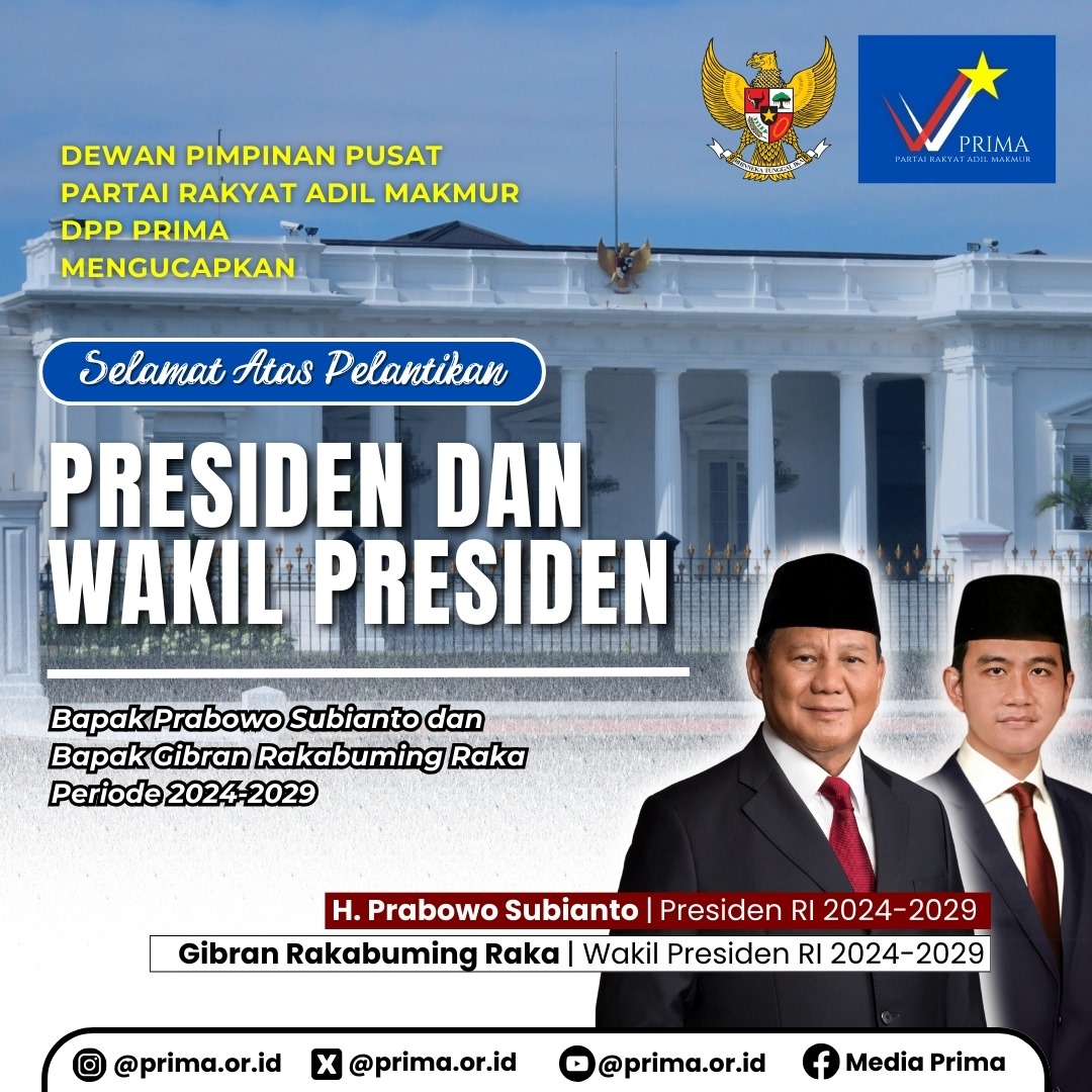Selamat bekerja Bapak <a href="/prabowo/">Prabowo Subianto</a> dan Mas <a href="/gibran_tweet/">Gibran Rakabuming</a> . Semoga semakin maju, adil, makmur dan bahagia rakyatnya di bawah kepemimpinan Pak Prabowo.