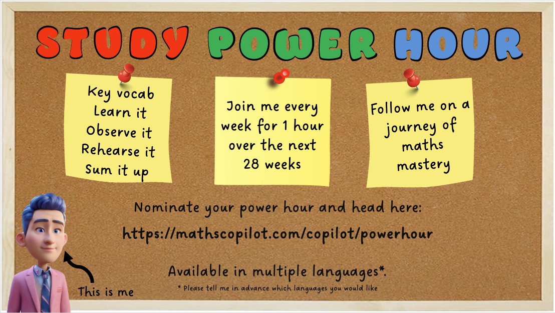 📢 MATHS TEACHERS 📢

Join my weekly power hour study sessions! Choose a convenient time and follow my meticulously designed 28-week program all the way to the exams.

Please share 🔁 these FREE study sessions with your students. Available in multiple languages*: