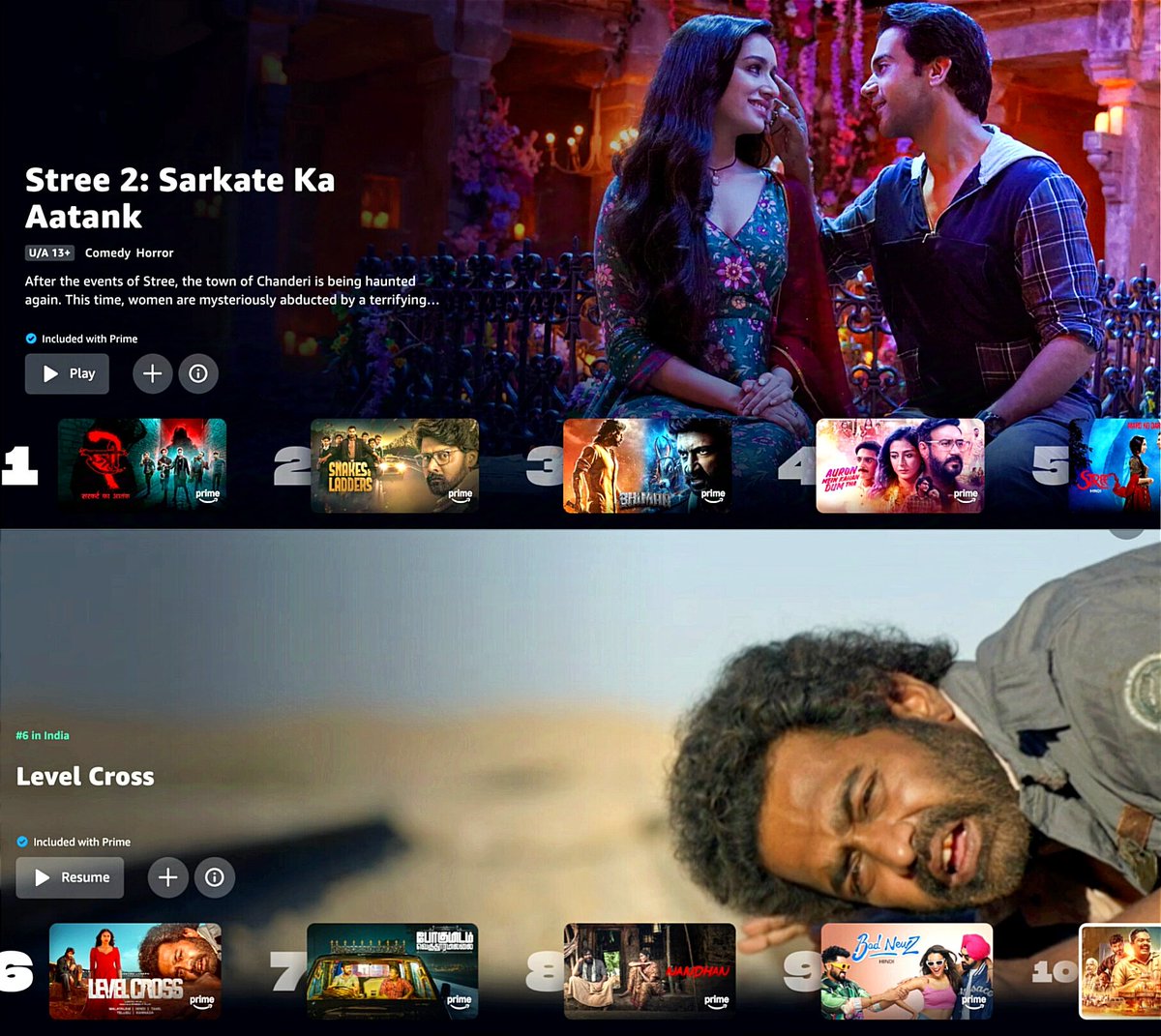 Prime Video India Top 10 Movies Today 🍿

1.#Stree2 (Hindi)
2.#SnakesandLadders(Tamil+Multi)
3.#Bhimaa(Hindi)
4.#AuronMeinKahanDumTha(Hindi)
5.#Stree(Hindi)
6.#LevelCross(Malayalam+Multi)
7.#PogumidamVeguThooramillai
(Tamil,Tel&amp; Hin)
8.#Nandhan (Tamil)
9.#BadNewz(Hindi)