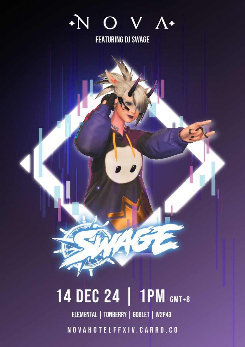 NovaClubff14's tweet photo. Ready to party!!! Nova Club is back! Don't miss your chance to catch DJ SWAGE from America!   

#ffxiv #elemental https://t.co/kmIedujZNY