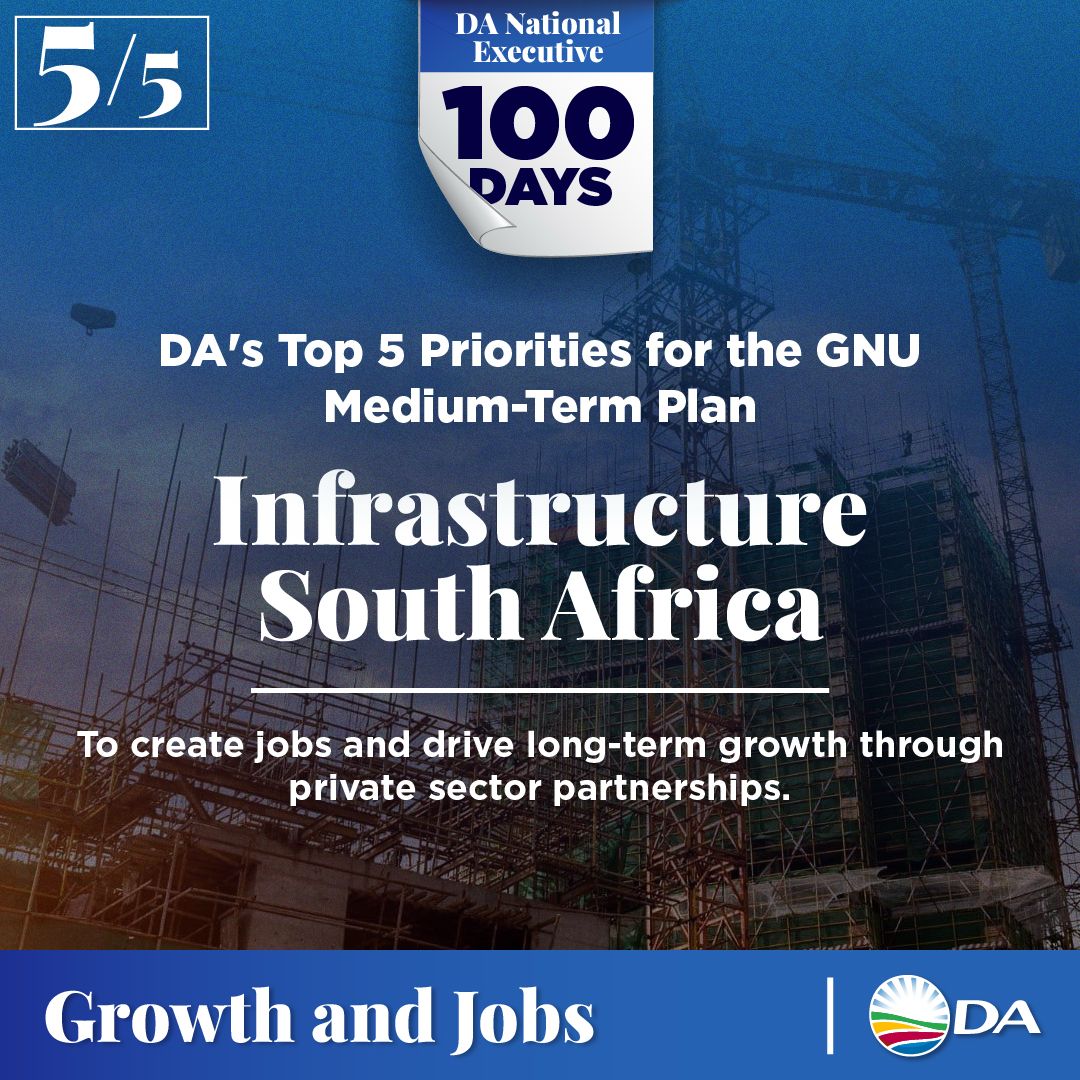 🏗️ The DA in the GNU remains committed to creating jobs and driving long-term growth through private sector partnerships, fostering sustainable development and unlocking new opportunities for all of SA.

ℹ️ Learn more about our bold priorities here: youtube.com/live/6e97e-DM6….