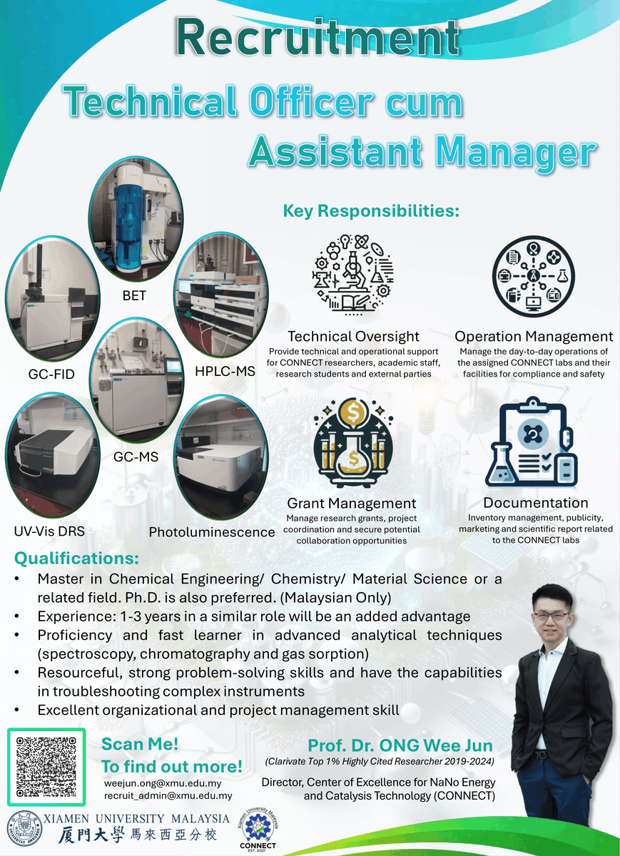 Ong_EnergyGroup's tweet photo. Recruitment: Center of Excellence for NaNo Energy and Catalysis Technology (#CONNECT), Xiamen University Malaysia (#XMUM) is seeking a dedicated Technical Officer cum Assistant Manager to join our dynamic research team.
For details, pls refer to the link: https://t.co/xRcLbmYuiW https://t.co/K1YNAOGizB