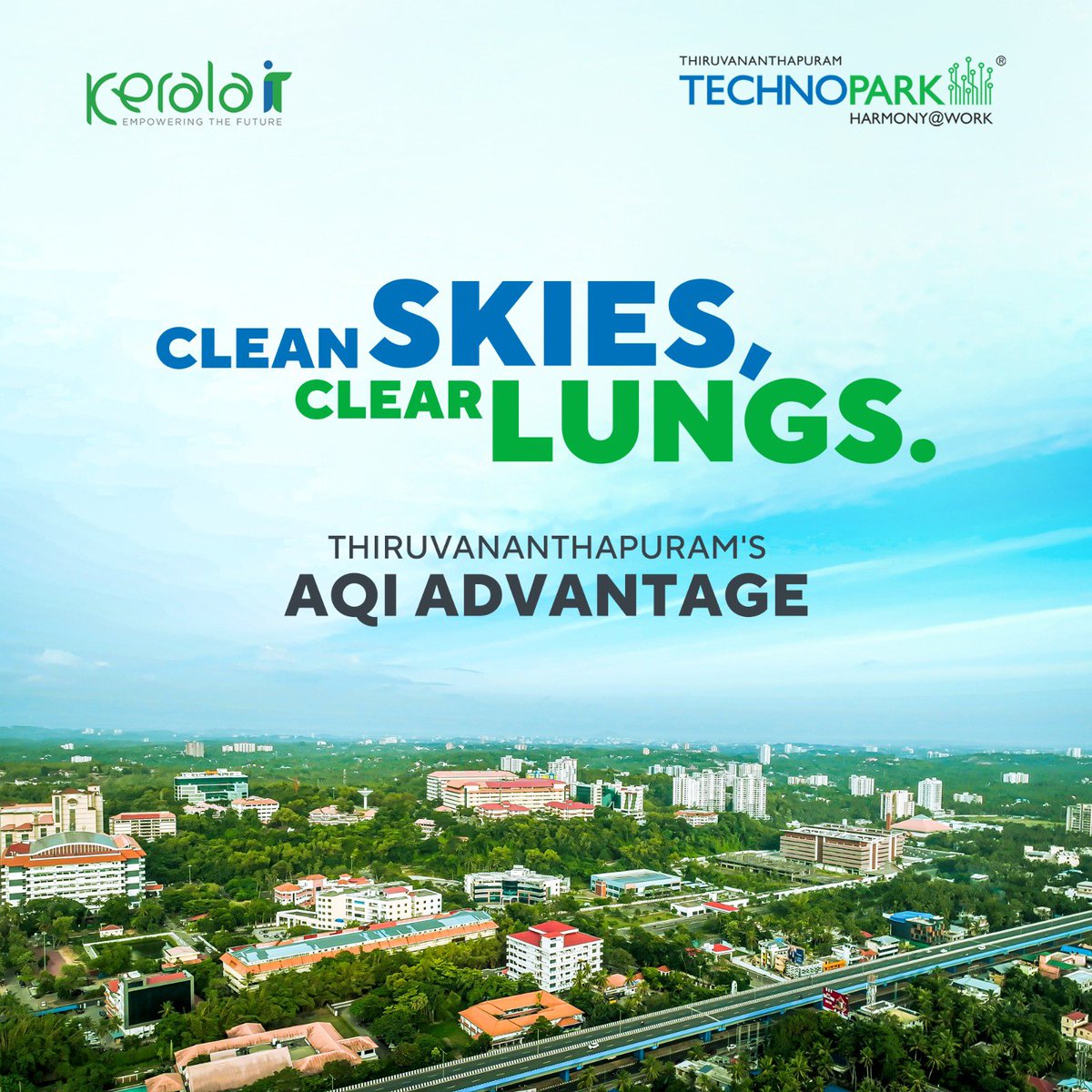 mytechnopark's tweet photo. Technopark is proud to be part of Thiruvananthapuram, where the air quality is healthier than most cities! With coastal benefits, green cover, and low traffic, life here is safer. Kerala’s clean energy policies add to the environmental excellence. #Technopark #GreenCityLife https://t.co/Sdvye6WJtW