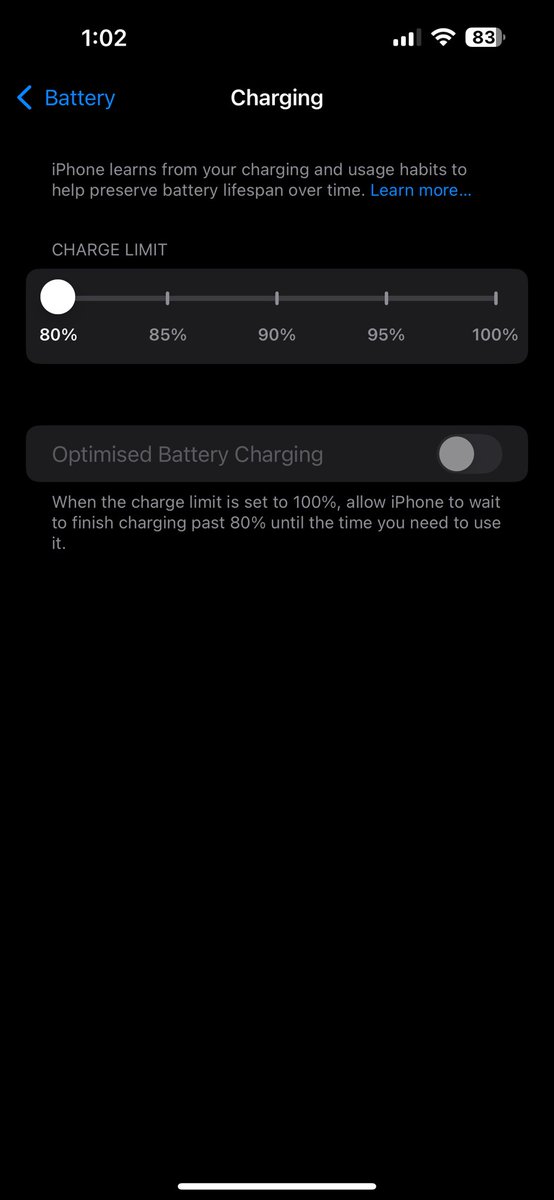 Arun46699235's tweet image. The charging limit set to 80% only but it charged upto 83%. What is this @Apple. In IOS 18 so many bugs are there and also I can’t turn my normal photo to portrait photo. Please fix this bug ASAP. 
#apple #appleissue