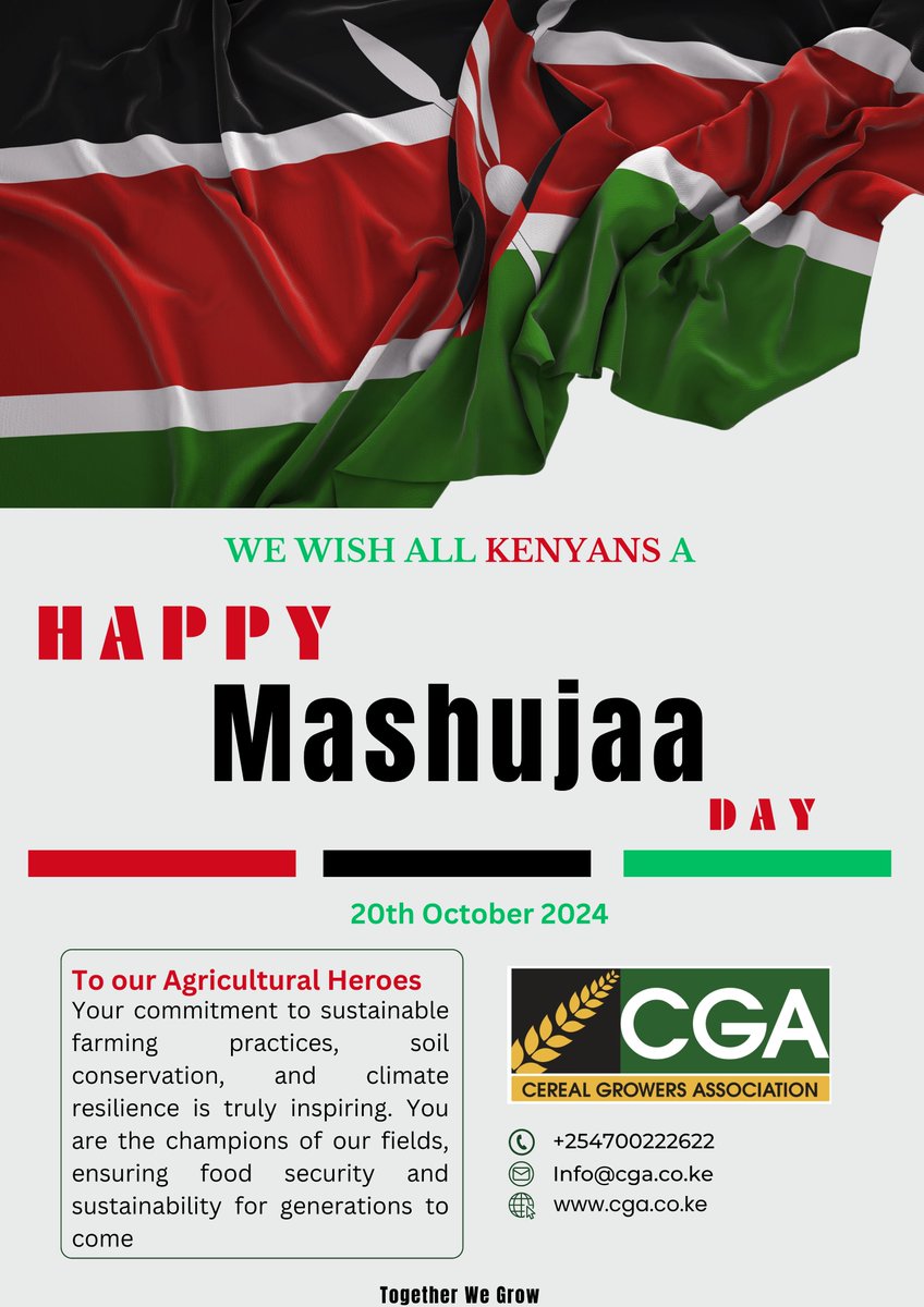 cerealgrowerske's tweet photo. On this Mashujaa Day, we, Cereal Growers Association, proudly honour the remarkable heroes who tirelessly work to ensure a sustainable and thriving agricultural system. These individuals face the challenges of climate change head-on, demonstrating resilience and innovation in the face of adversity.

To our Agricultural Heroes:

YOU ARE THE CHAMPIONS OF OUR FIELDS
#TogetherWeGrow #MashujaaDay2024