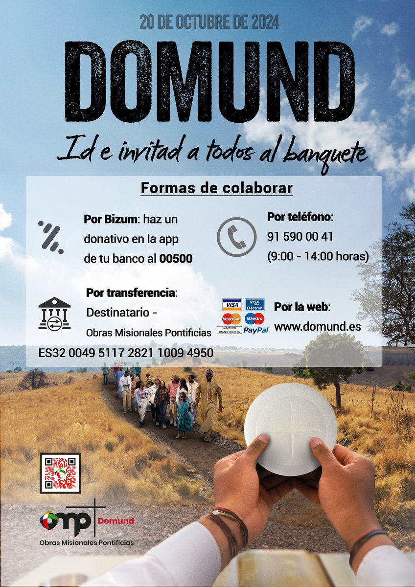 OMP_ES's tweet photo. ¡Hoy celebramos el DOMUND! Te necesitamos para seguir ayudando y llevando el Amor de Jesús a los 1.126 territorios de misión en todo el mundo 🙏🏽 No olvides rezar por ellos y, si puedes, ¡colabora! Descubre cómo en la imagen o visita https://t.co/yUAE209T9c ♥️

#Domund #Domund2024 https://t.co/v0dNVKUcCL