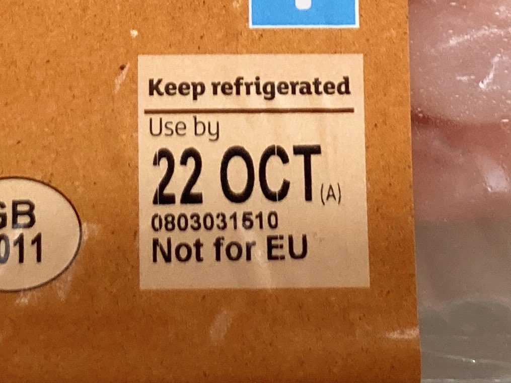 AJS77's tweet image. Somebody pls explain why this chicken for sale in Sainsbury’s yesterday is suitable for the UK but apparently not for the European Union.

Does Brexit mean we’ve taken back control of our groceries? Or is UK chicken not good enough for the EU anymore 🤔
#TrevorPhillips #BBCLauraK