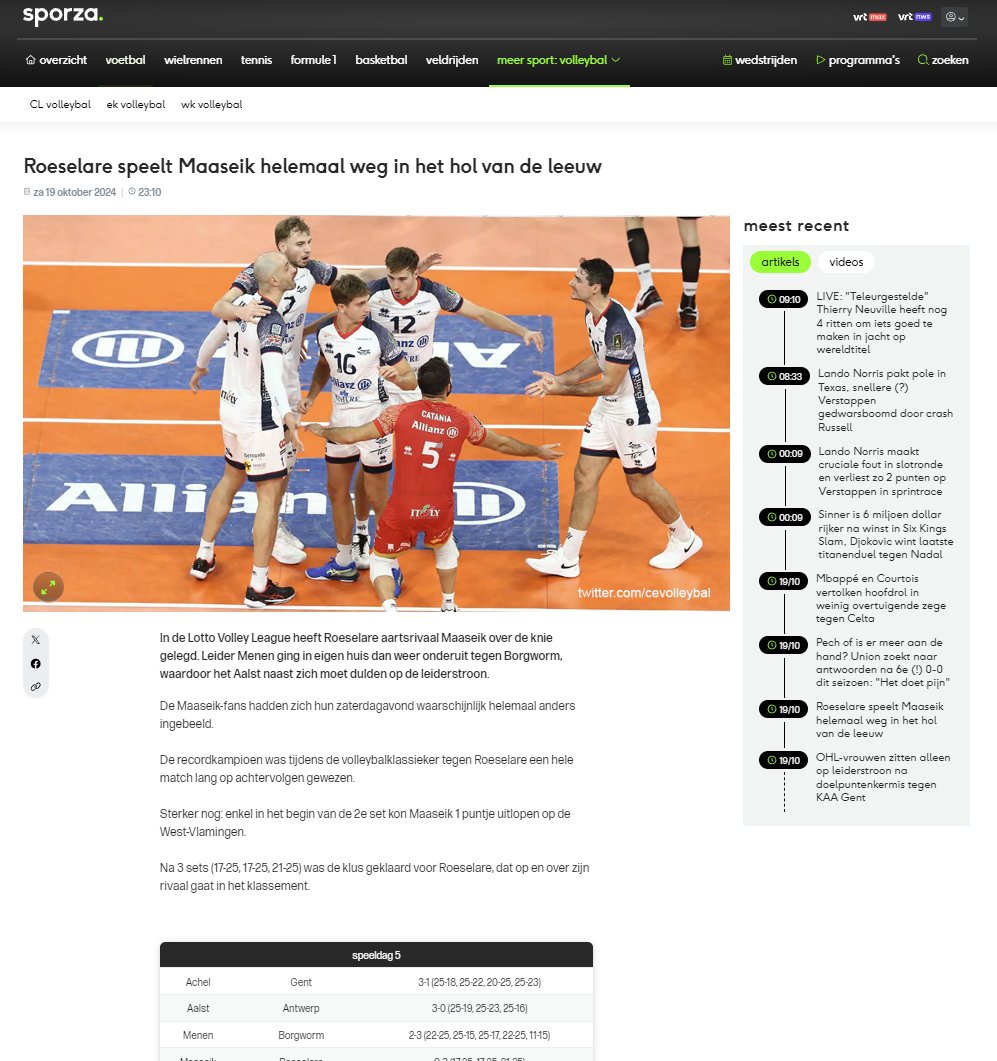 Een verslag(je) van de topper in het volleybal (Maaseik-Roeselare) opfleuren met een foto van spelers van het Italiaanse Milaan. <a href="/sporza/">sporza</a> kan dat.