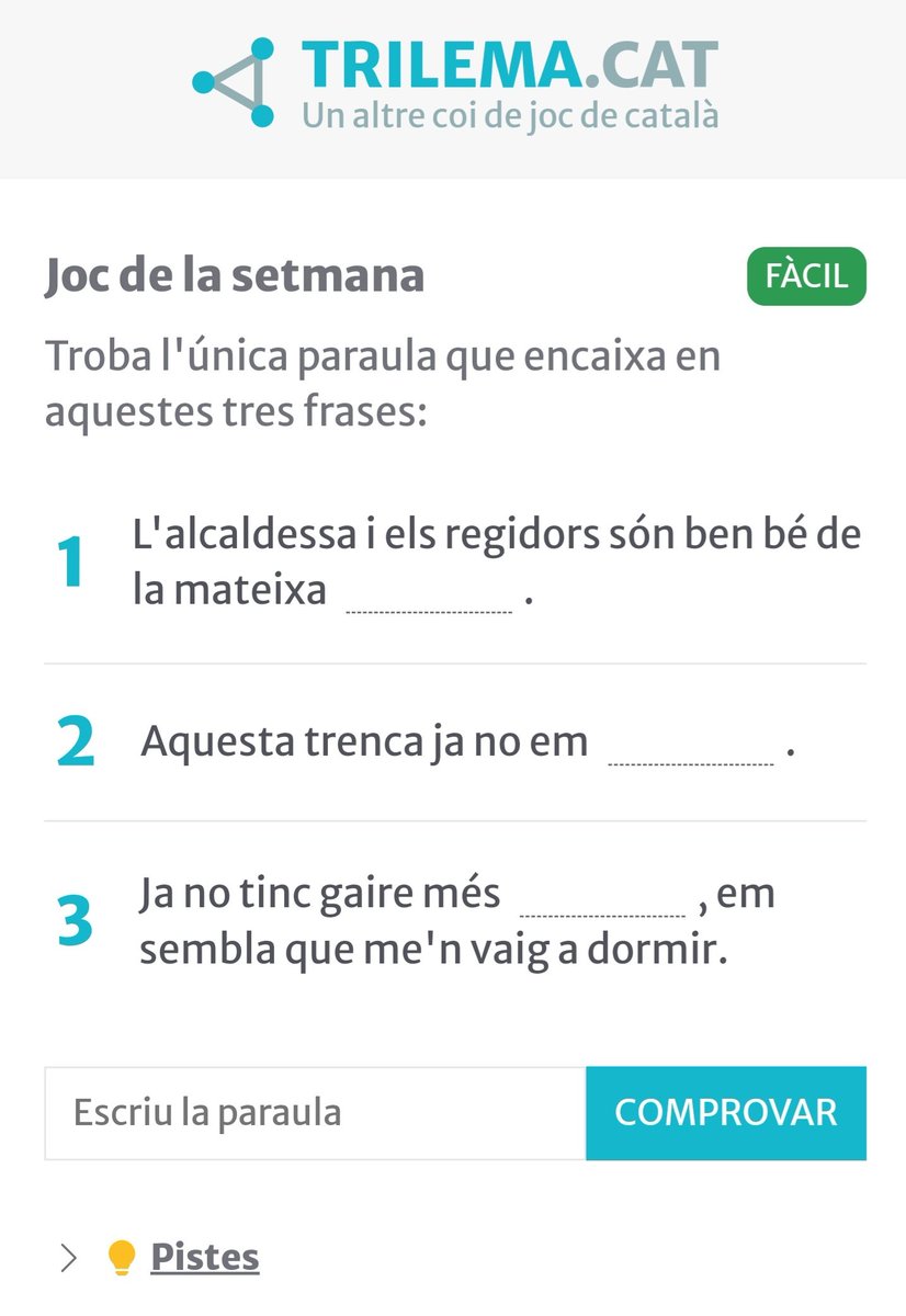 trilema_cat's tweet photo. Ja és aquí el trilema del 20 d'octubre!
🥳🥳🥳

Segueix l'enllaç:

👣👣👣👣👣👣 https://t.co/tK76jY3vHH

#joc #llengua #català #jocdellengua https://t.co/K4QHLeoh4G