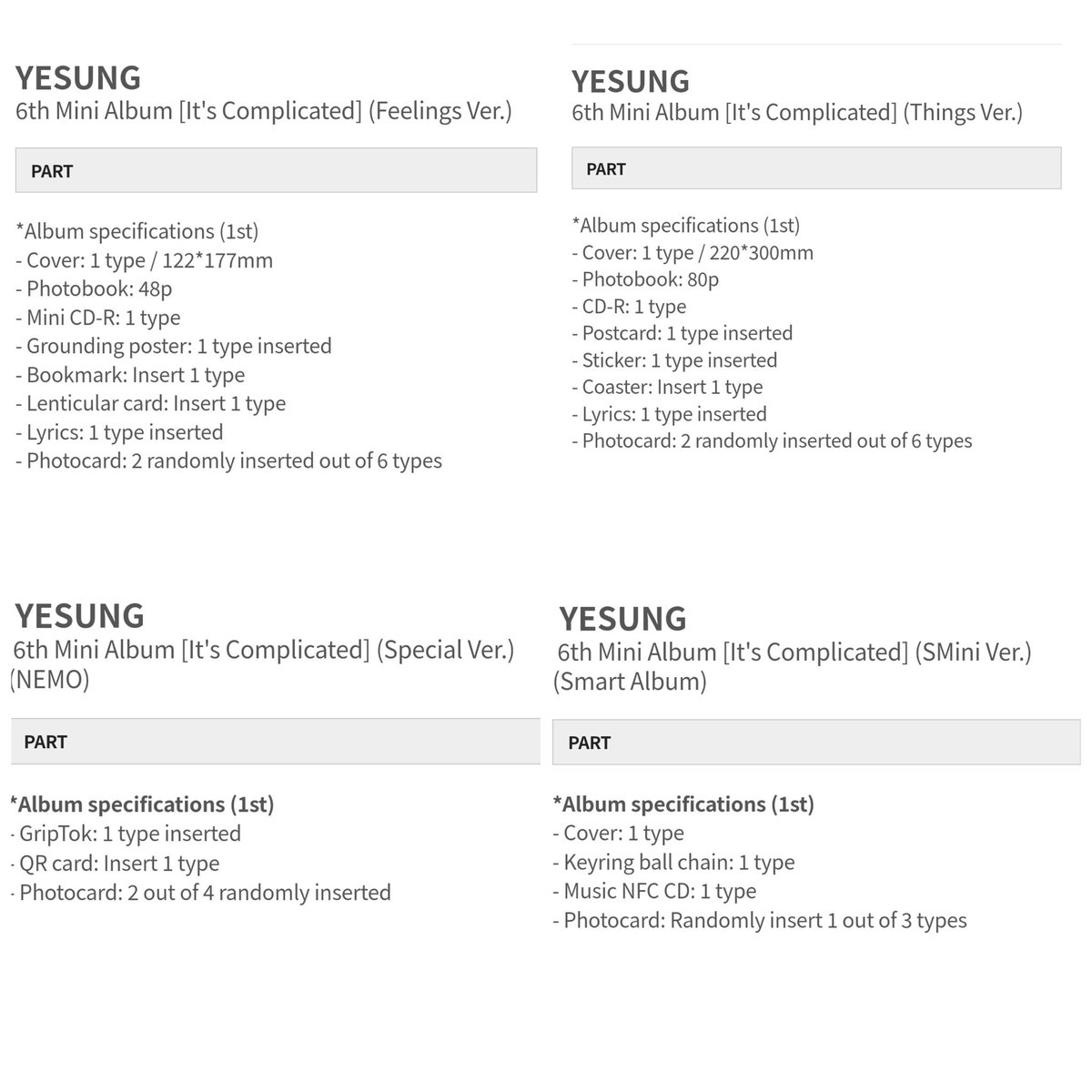 Malaysia GO 

SUPER JUNIOR YESUNG - The 6th Mini Album - It’s Complicated - Ktown4u

Price exclude LOCAL postage only
a) Feeling ver - RM70
b) Things ver - RM90
c) Special ver - RM65
d) SMini ver - RM56

<a href="/myelf_selltrade/">🇲🇾MYELF SELL&TRADE🇲🇾</a> <a href="/pasar2ndgen/">pasar2ndgen</a> 
#pasarsuju #pasarsujumy #SUJUMarketMY