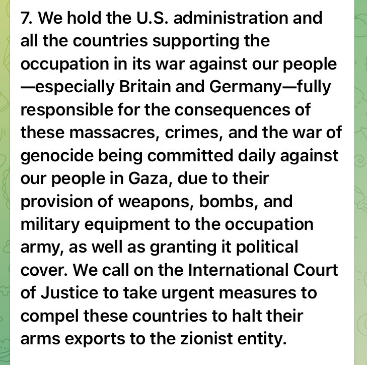 From a Hamas statement on the genocide in Jabalia, explicitly blaming Britain’s provision of weapons &amp; political cover.