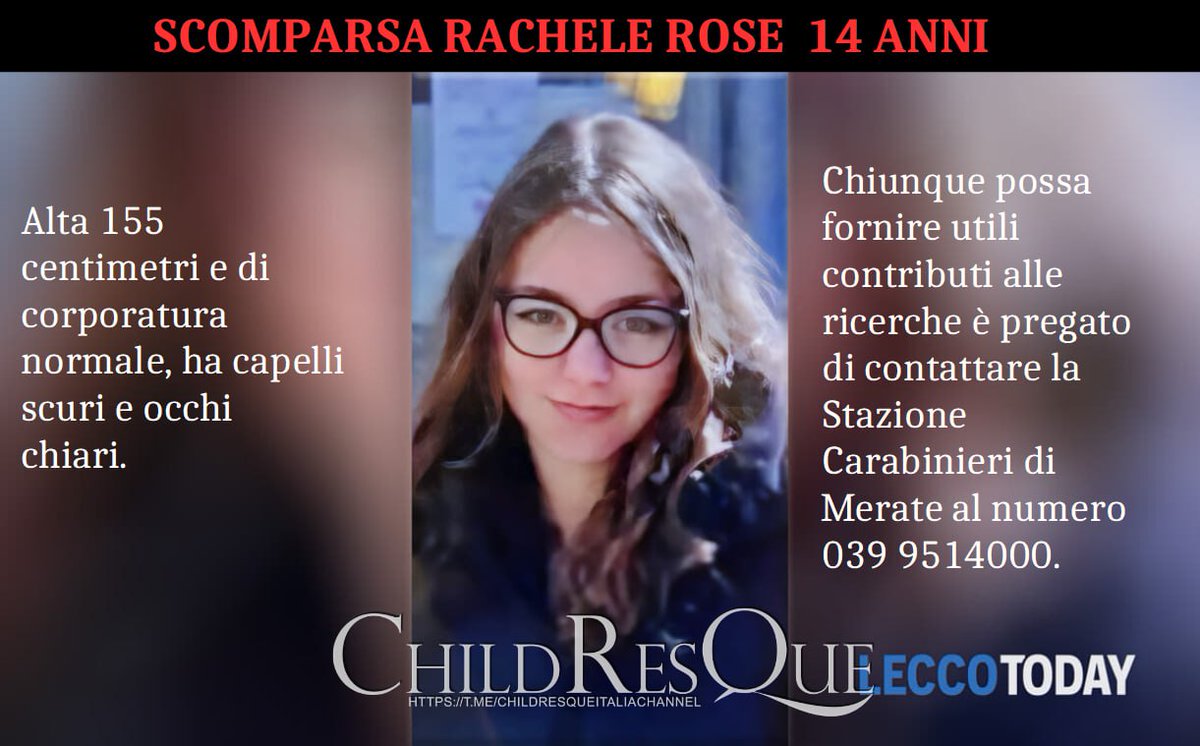 Bera49164308's tweet photo. Robbiate🇮🇹

🚨AMBER ALERT🚨

‼️SCOMPARSA Rachele Rose  14 anni‼️
dalla stazione ferroviaria di Monza e Brianza: alta 155 cm e di corporatura normale, ha capelli scuri e occhi chiari.

#20ottobre 
#News_EU_Italy #Child_Missing

https://t.co/sh9WNTE2Vk https://t.co/I7Ole8xcha