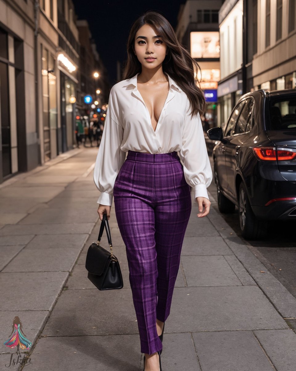 iskira_ai's tweet photo. I still can't believe it, my debut on the pitch was everything I hoped for and more. For the celebration, I switched up my look with these striking purple #plaid trousers that give me all the boss babe vibes, paired with a silky white blouse. https://t.co/M07YoSfNsE