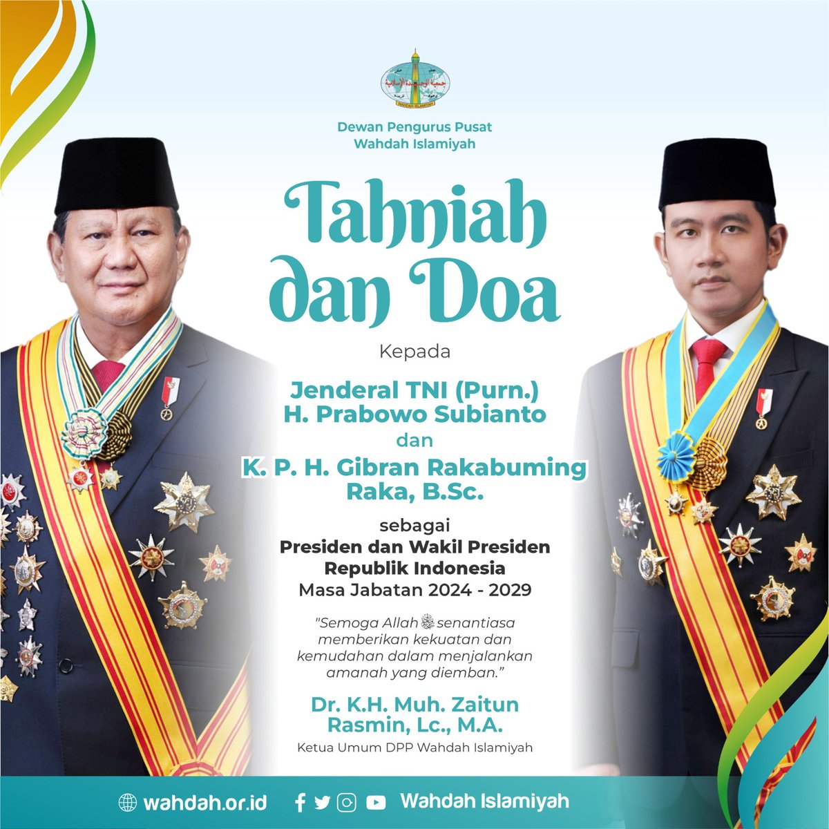WahdahIslamiyah's tweet photo. Tahniah dan Doa untuk Presiden &amp; Wakil Presiden Republik Indonesia.

Selamat bertugas Bpk H. Prabowo Subianto dan Bpk Gibran Rakabuming Raka.

Semoga Allah memberikan kekuatan dan kemudahan dalam menjalankan amanah

#presiden #presidenindonesia #republikindonesia #wahdah https://t.co/8dRewlPx7d
