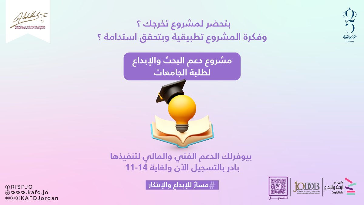 KAFDJordan's tweet photo. فكرتك الإبداعية أقرب للتطبيق والتطوير من خلال دعم مشروع دعم البحث والإبداع لطلبة الجامعات
للتسجيل: https://t.co/EOmdhyCElJ
خلال الفترة ٢٠/١٠ - ١٤/١١
للمزيد من التفاصيل:
https://t.co/TviDxkiFRo
@joddbjordan
#مسارٌ_للإبداع_والابتكار
#مستمرون_على_العهد #الأردن https://t.co/PUdFgGAebJ