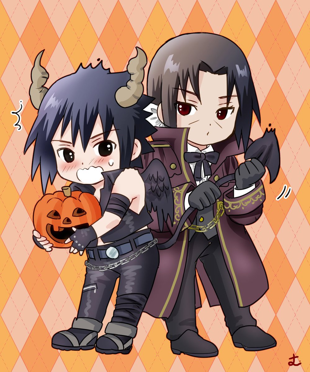 もうすぐハロウィンなのでラクガキ…！公式ハロウィン兄弟です。しっぽが弱点だといいと思います！❤💙🎃🦇🕸😈