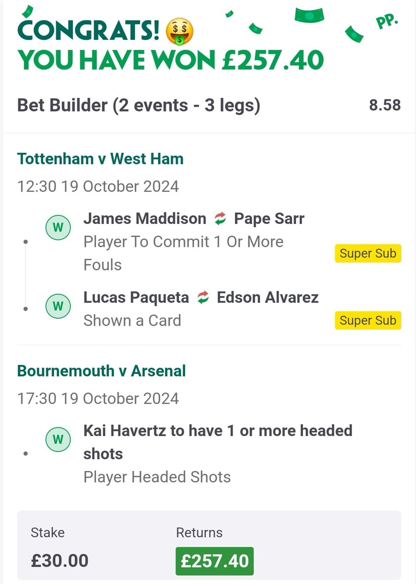 dexcell9's tweet image. Another win thanks to @livsfootytips making my weekends great stuff!