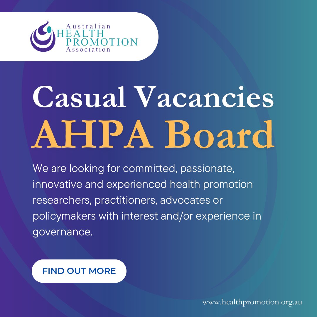 We are seeking to fill 3 x casual Board vacancies. It's an exciting time to be part of AHPA with a new Strategic Plan underway, conditional approval of our RAP, extension of Commonwealth funding and a change to systems and processes. Find out more: healthpromotion.org.au/news/ahpa-upda…