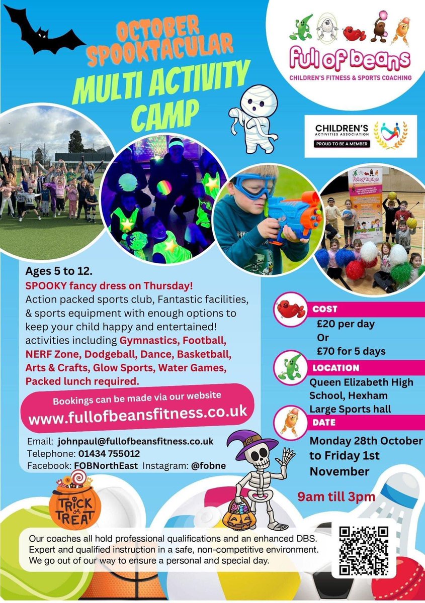 🎃 8 DAYS TO GO 🎃
MULTI SPORTS CAMP
🤩 From £14 per day, book all week or choose individual days at @HexhamMiddle 

<a href="/FOBNorthEast/">Full of Beans Childrens Fitness & Sport North East</a> ❗️Limited space avaible ❗️

 ℹ️ on Flyer or email: johnpau@fullofbeansfitness.co.uk

🏈🏀🤸🏻⚽️🏏🏸🏹🏑 🎶 
#fullofbeans #hexham #holidaycampsforkids
