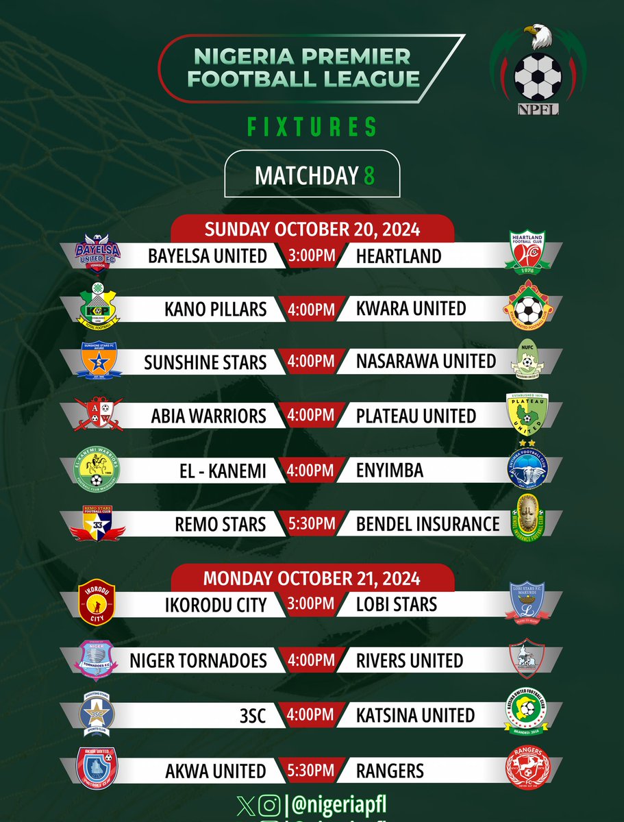 NigeriaPFL's tweet photo. 6️⃣ games on offer today
📺 Live on @StarTimes_Ng ⤵️
#BAYHEA
#REMBEN
Not on TV ⤵️
#PILKWA
#SUNNAS
#ABIPLA
#ELKENY
4️⃣ matches tomorrow
#NPFL25 https://t.co/7DIrD2LNcS