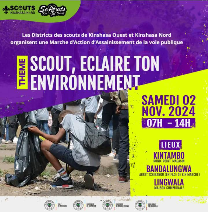 ScoutKinOuest's tweet photo. Scouts de Kin Ouest et Kin Nord organisent une Gde Marche d'assainissement artères de Kinshasa samedi 02 nov 24 dès 7h00 Rd pt Kitambo Mgsin, Arrêt Tshibangu, Mson Com de Lingwala Pt de chute Palais du Pple vos soutiens 0897403162  @VitalKamerhe1 @DeniseNyakeru @SuminwaJudith https://t.co/YrEnI0Px6X