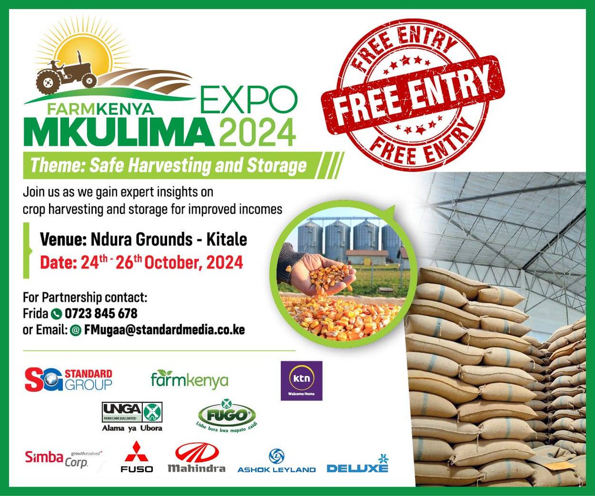 Have you marked your calendar for the BIGGEST EXPO in Kenya?
Starting 24th-26th October all Farmers and aspiring farmers meet at Ndura Grounds Kitale for the #MkulimaExpo2024.