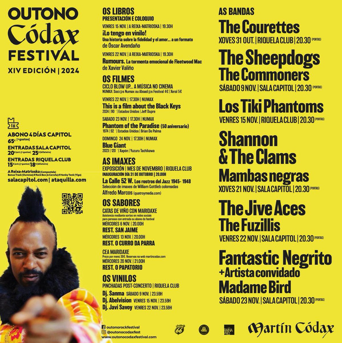 Aquí está o cartel completo do Outono Códax, con todos os concertos e as actividades paralelas: catas, ceas maridaxe, ciclo de cine, presentacións de libros, exposición e pinchadas.
entradas en A Reixa - @Matrioska_Tenda e en salacapitol.com e ataquilla.com