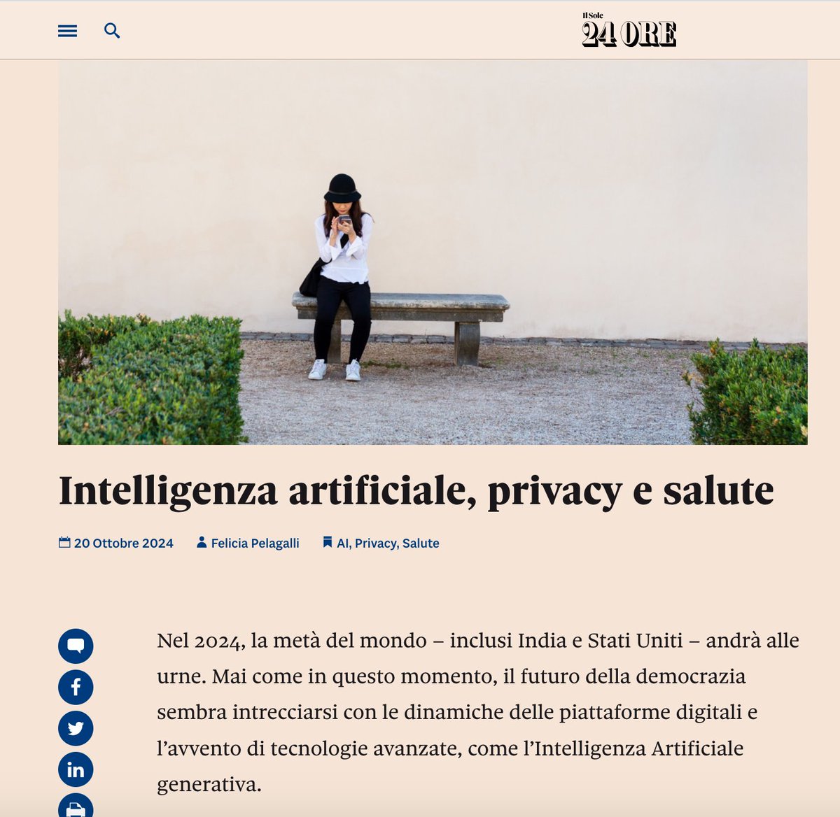 Felicia Pelagalli, PhD (@feliciapelagall) on Twitter photo 𝗜𝗻𝘁𝗲𝗹𝗹𝗶𝗴𝗲𝗻𝘇𝗮 𝗮𝗿𝘁𝗶𝗳𝗶𝗰𝗶𝗮𝗹𝗲, 𝗽𝗿𝗶𝘃𝗮𝗰𝘆 𝗲 𝘀𝗮𝗹𝘂𝘁𝗲
Il mio articolo su <a href="/sole24ore/">IlSole24ORE</a>
👉Leggi …iciapelagalli.nova100.ilsole24ore.com/2024/10/20/int…
Su #datisanitari creare una comunità con imprese, accademia, associazioni e diffondere comprensione del regolamento e attuazione #EHDS 𝗜𝗻𝘁𝗲𝗹𝗹𝗶𝗴𝗲𝗻𝘇𝗮 𝗮𝗿𝘁𝗶𝗳𝗶𝗰𝗶𝗮𝗹𝗲, 𝗽𝗿𝗶𝘃𝗮𝗰𝘆 𝗲 𝘀𝗮𝗹𝘂𝘁𝗲
Il mio articolo su <a href="/sole24ore/">IlSole24ORE</a>
👉Leggi …iciapelagalli.nova100.ilsole24ore.com/2024/10/20/int…
Su #datisanitari creare una comunità con imprese, accademia, associazioni e diffondere comprensione del regolamento e attuazione #EHDS