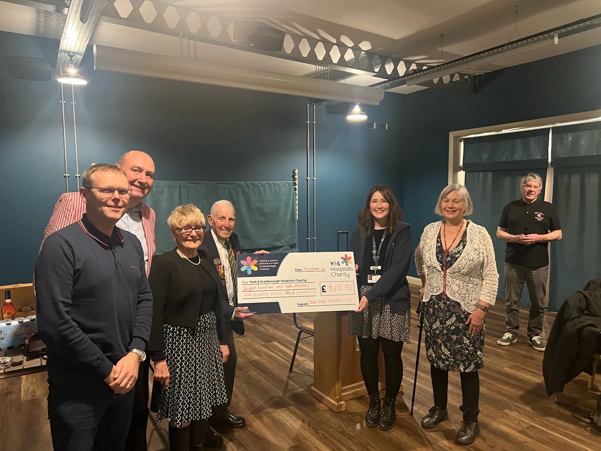 Last Tuesday evening York Inset Scooter Club President, Normandy Veteran Ken Cooke assisted club members and the Civic Party in presenting £810 to the Magnolia Centre at York Hospital following their annual Mods and Rockers charity ride. A further £200 was raised by a raffle.